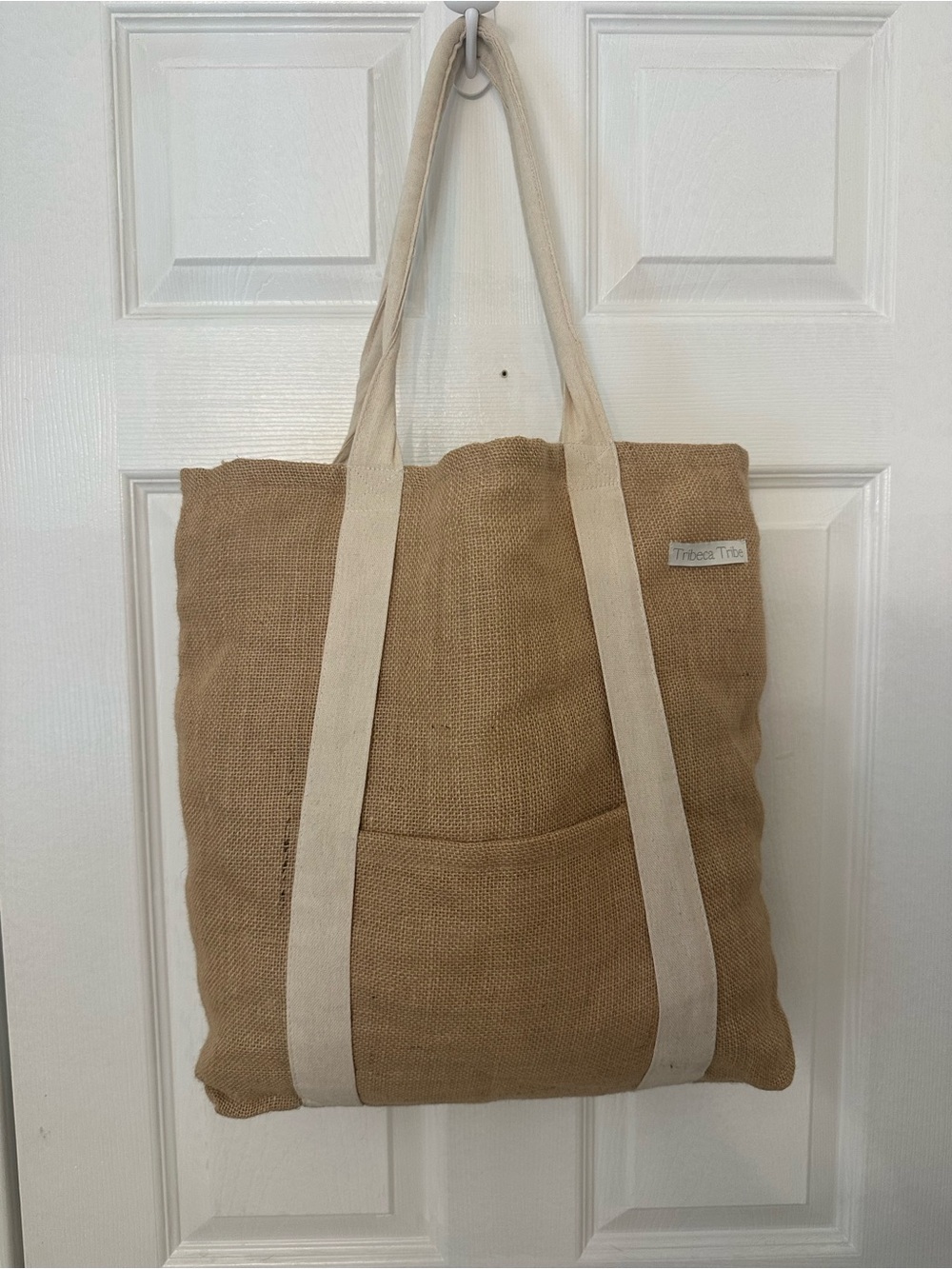Tribeca Tribe Jute Cotton Blend Tote Bag‎ Tan Cream Boho Shoulder Bag Pocket